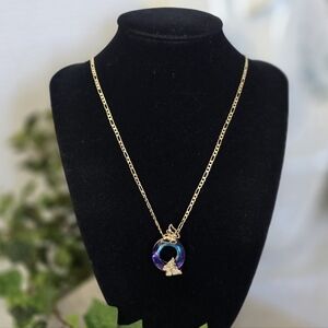 Gold Filled Figaro Chsin Necklace with Iridescent Circle Glass Pendant Butterfly
